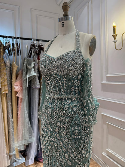 Luxury Modest Nude Crystal Beaded Halter Mermaid Evening Dress LA73948