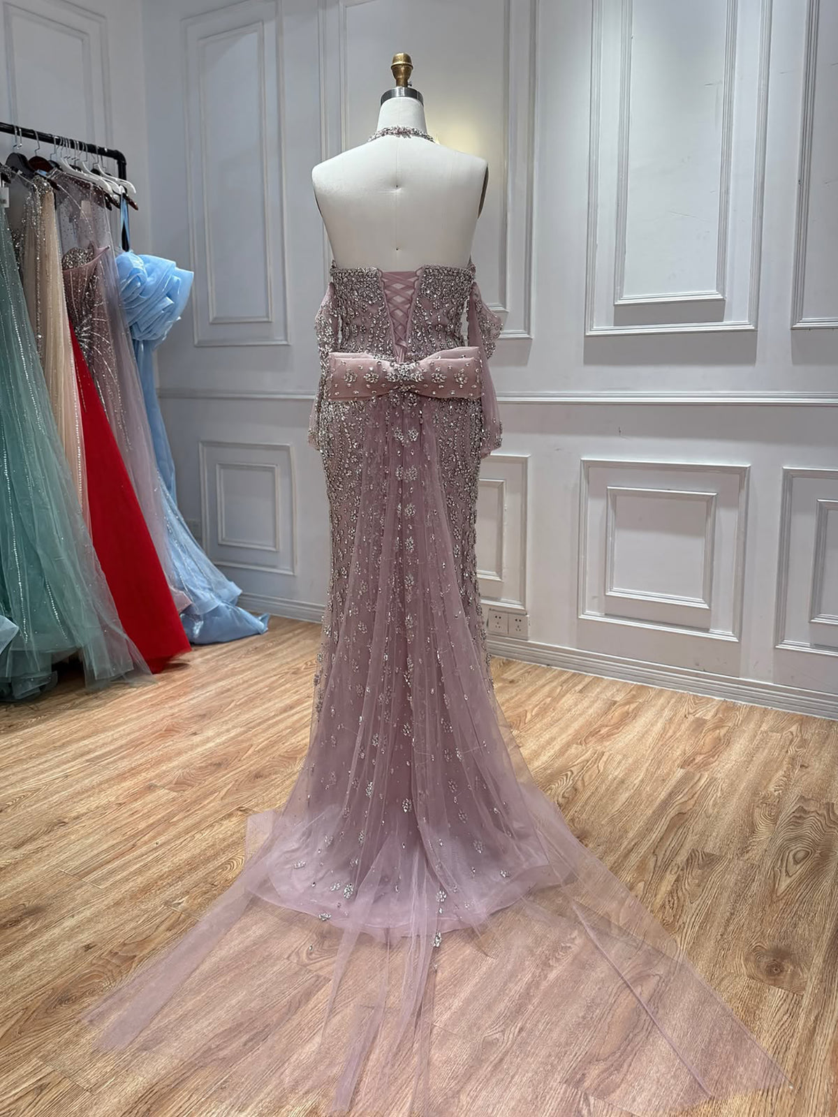 Luxury Modest Nude Crystal Beaded Halter Mermaid Evening Dress LA73948