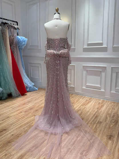 Luxury Modest Nude Crystal Beaded Halter Mermaid Evening Dress LA73948