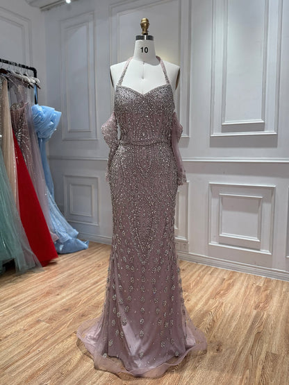 Luxury Modest Nude Crystal Beaded Halter Mermaid Evening Dress LA73948