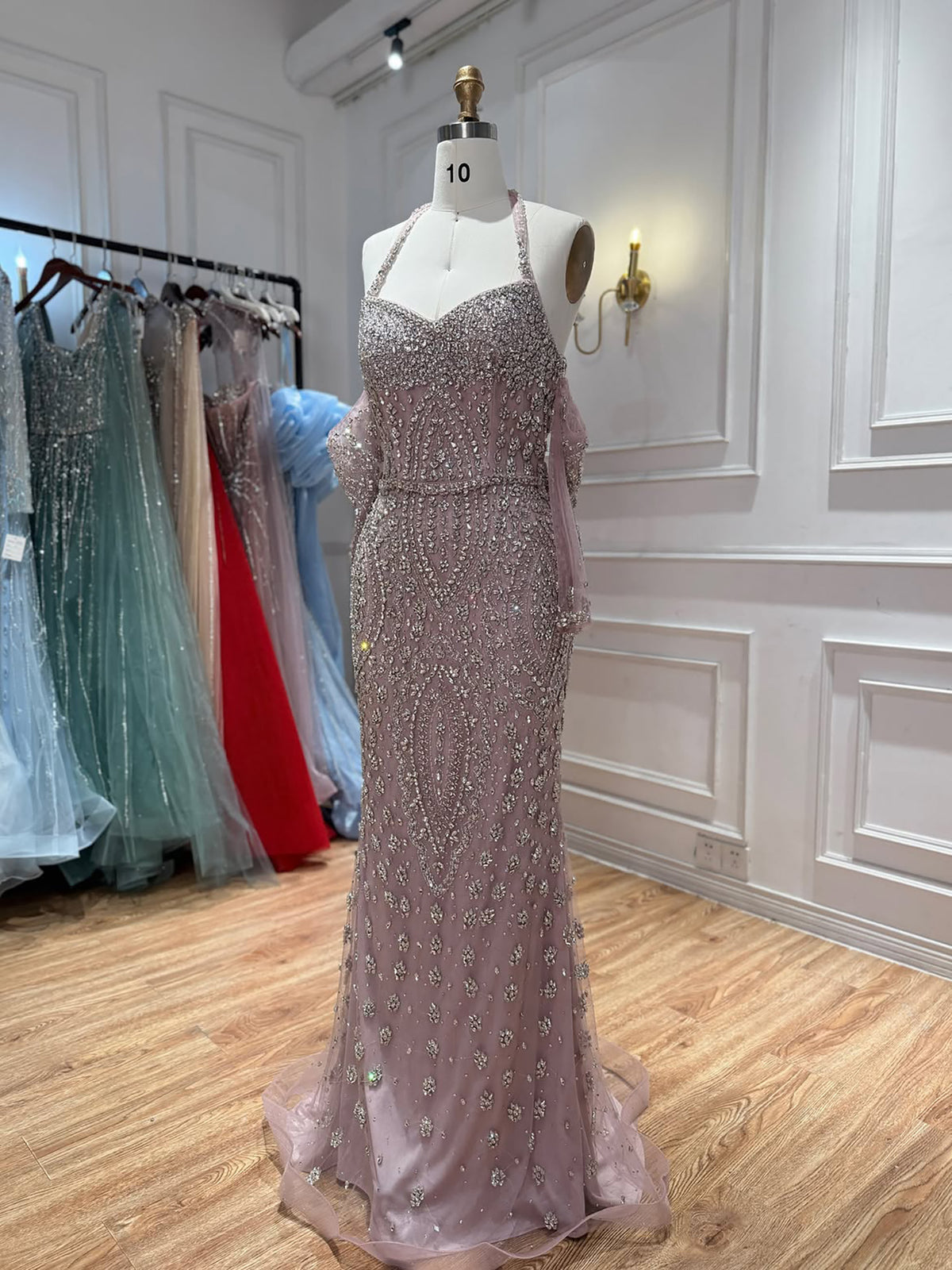 Luxury Modest Nude Crystal Beaded Halter Mermaid Evening Dress LA73948