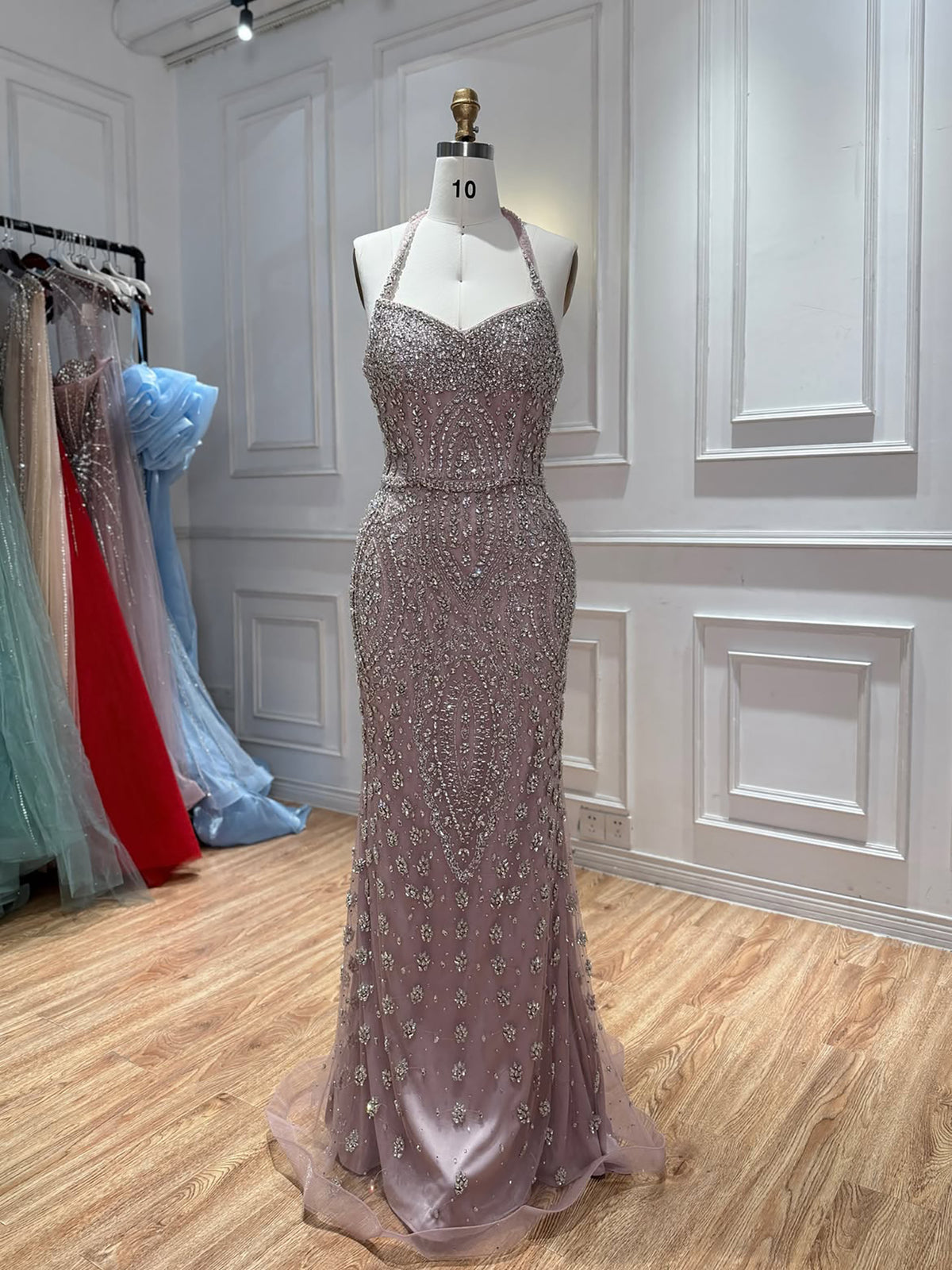 Luxury Modest Nude Crystal Beaded Halter Mermaid Evening Dress LA73948