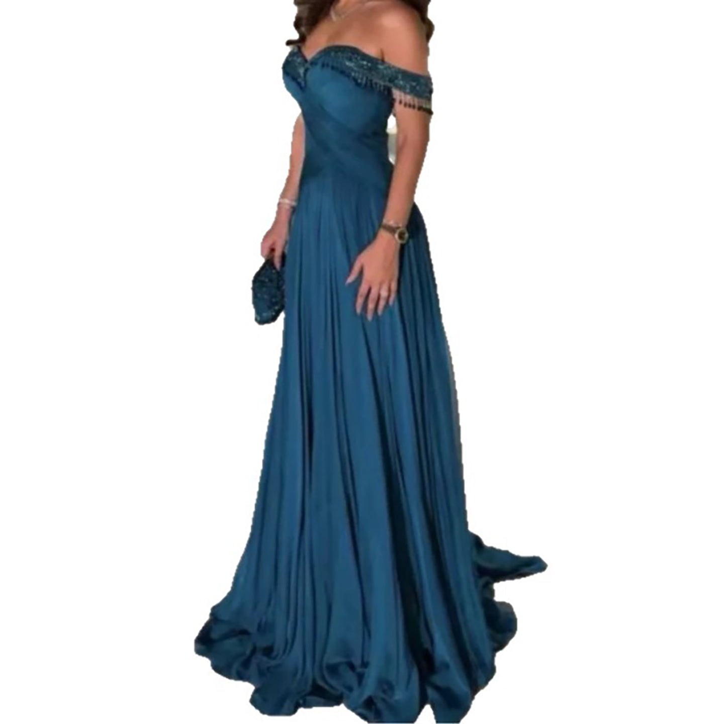Luxury Green Off Shoulder Beaded Tassel Chiffon Evening Dress LA73950
