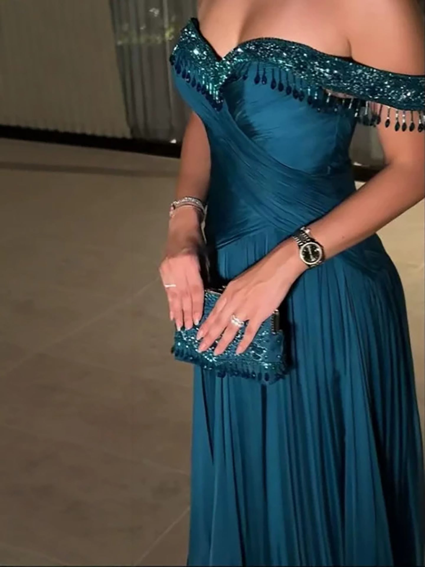 Luxury Green Off Shoulder Beaded Tassel Chiffon Evening Dress LA73950