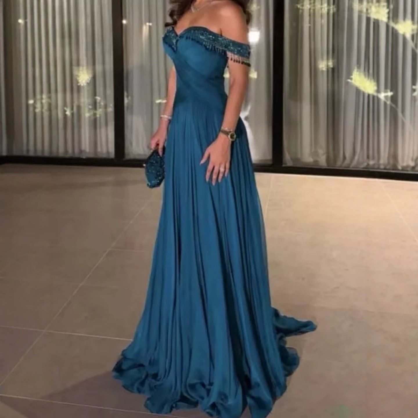 Luxury Green Off Shoulder Beaded Tassel Chiffon Evening Dress LA73950