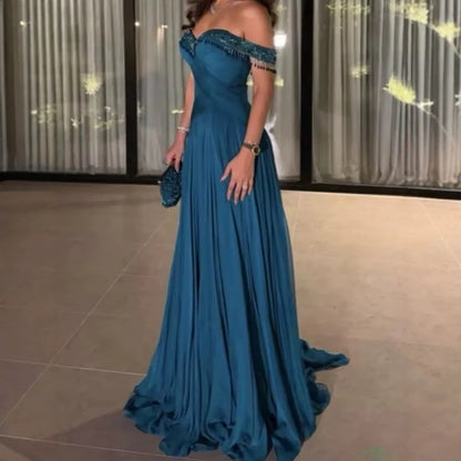 Luxury Green Off Shoulder Beaded Tassel Chiffon Evening Dress LA73950