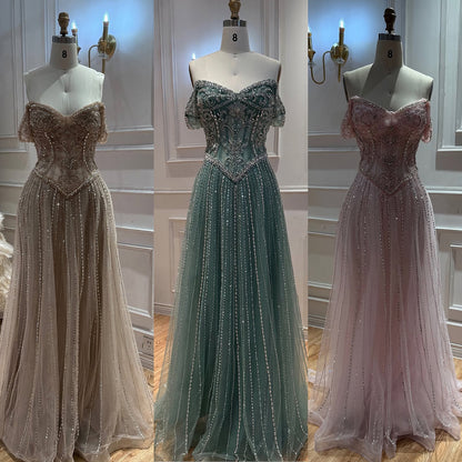 Luxury Caramel Crystal Beaded Off Shoulder A Line Evening Dress LA73951