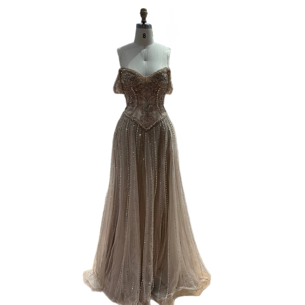 Luxury Caramel Crystal Beaded Off Shoulder A Line Evening Dress LA73951