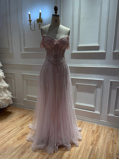 Luxury Caramel Crystal Beaded Off Shoulder A Line Evening Dress LA73951