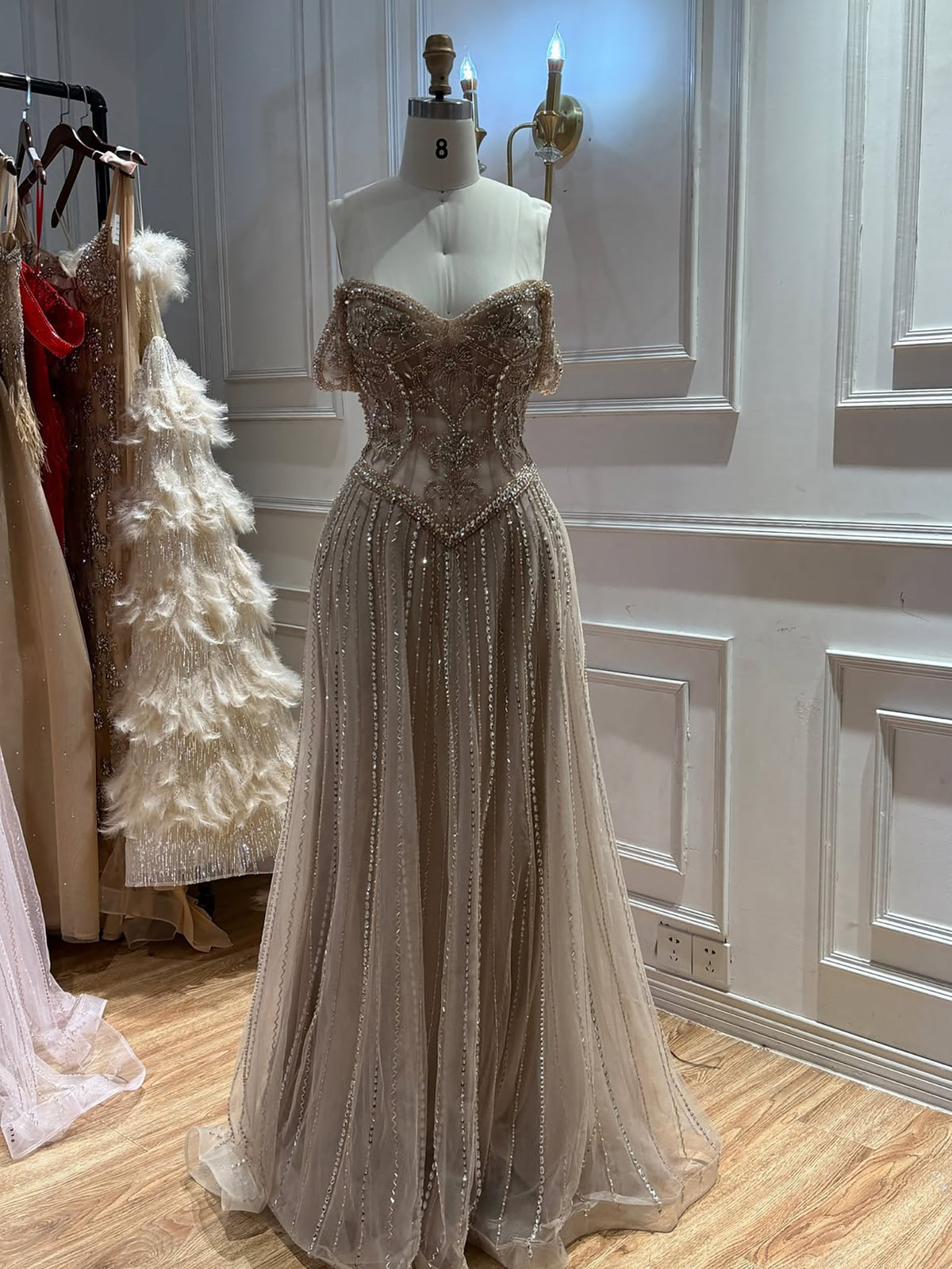 Luxury Caramel Crystal Beaded Off Shoulder A Line Evening Dress LA73951