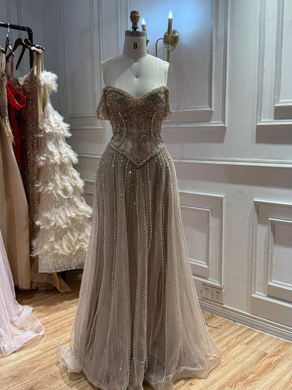 Luxury Caramel Crystal Beaded Off Shoulder A Line Evening Dress LA73951