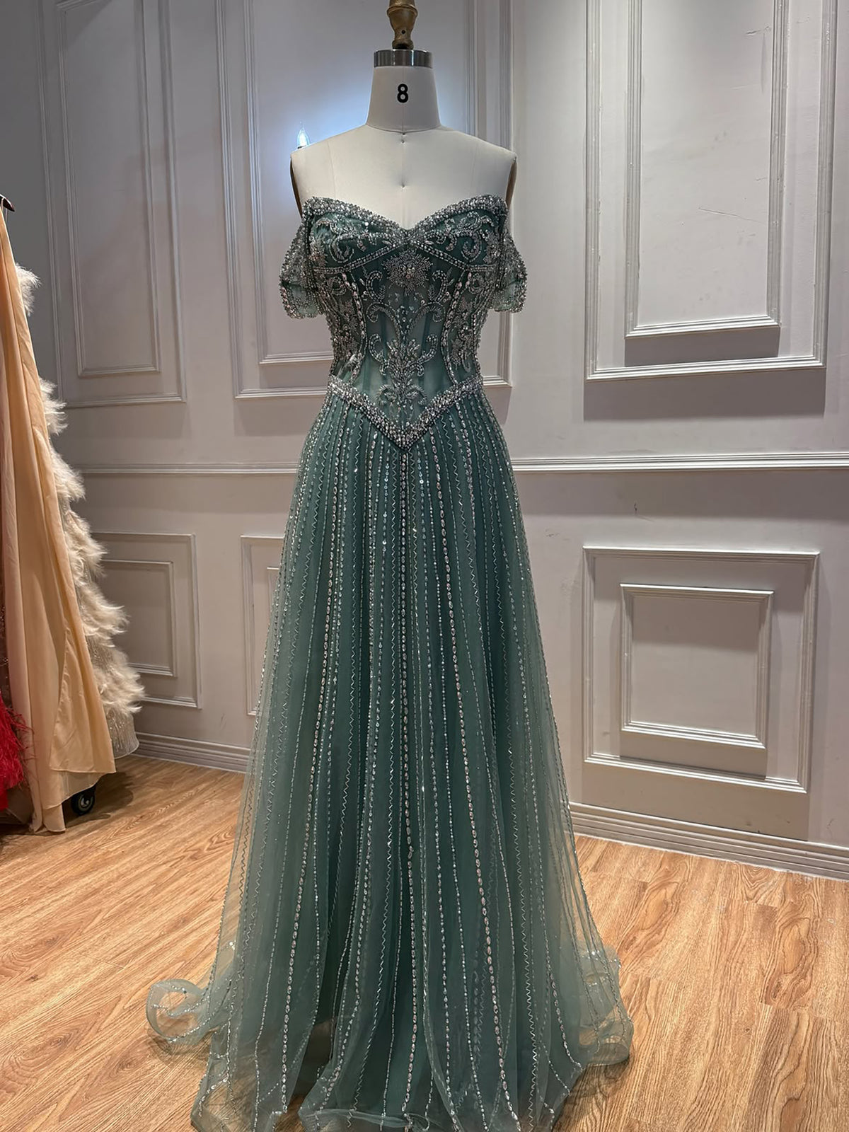 Luxury Caramel Crystal Beaded Off Shoulder A Line Evening Dress LA73951