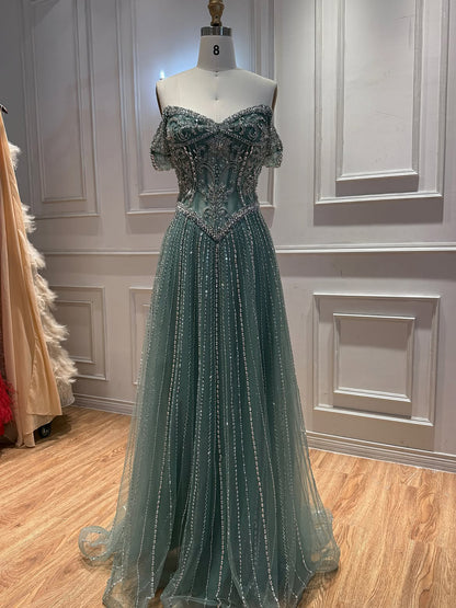 Luxury Caramel Crystal Beaded Off Shoulder A Line Evening Dress LA73951