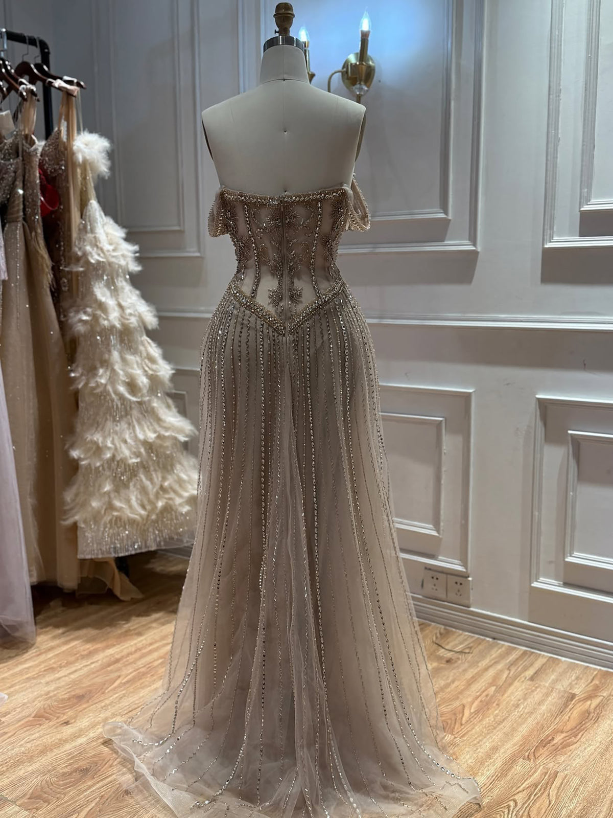 Luxury Caramel Crystal Beaded Off Shoulder A Line Evening Dress LA73951