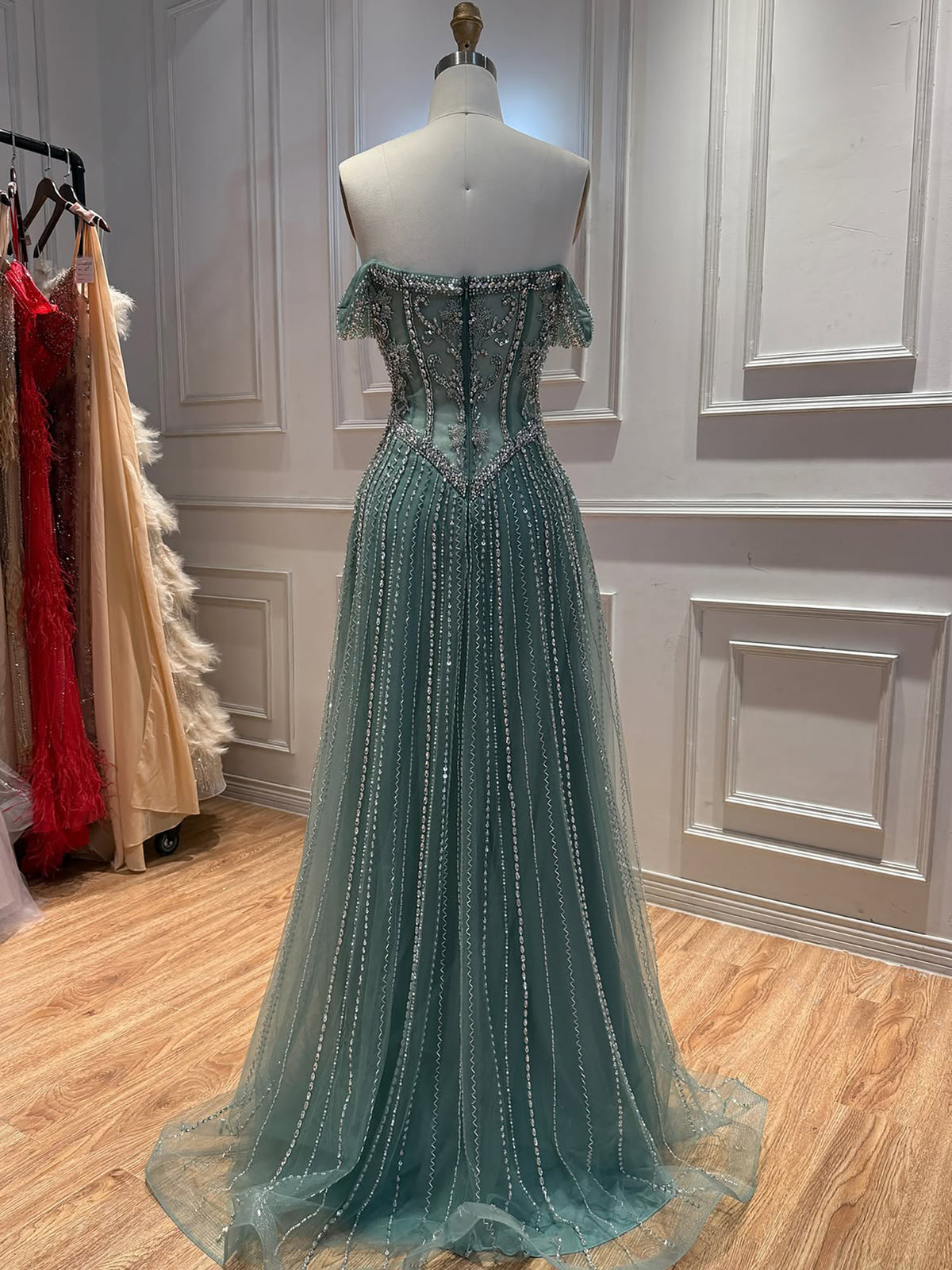 Luxury Caramel Crystal Beaded Off Shoulder A Line Evening Dress LA73951