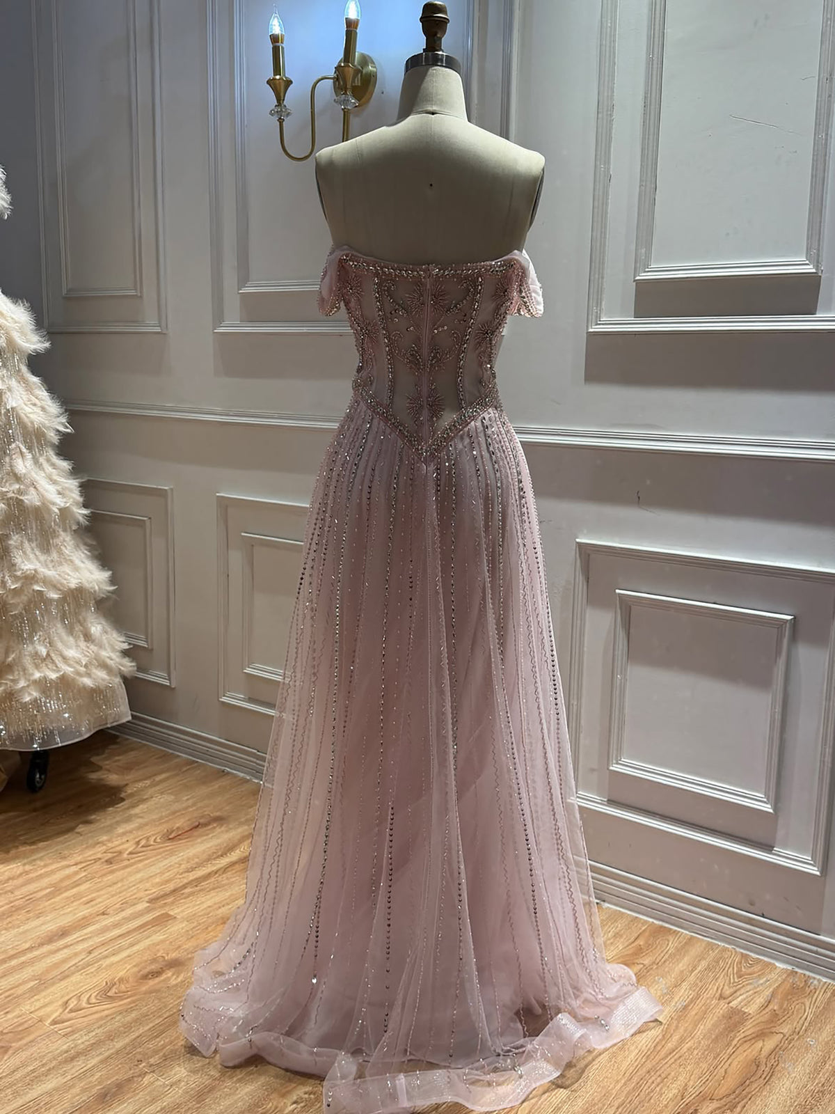 Luxury Caramel Crystal Beaded Off Shoulder A Line Evening Dress LA73951