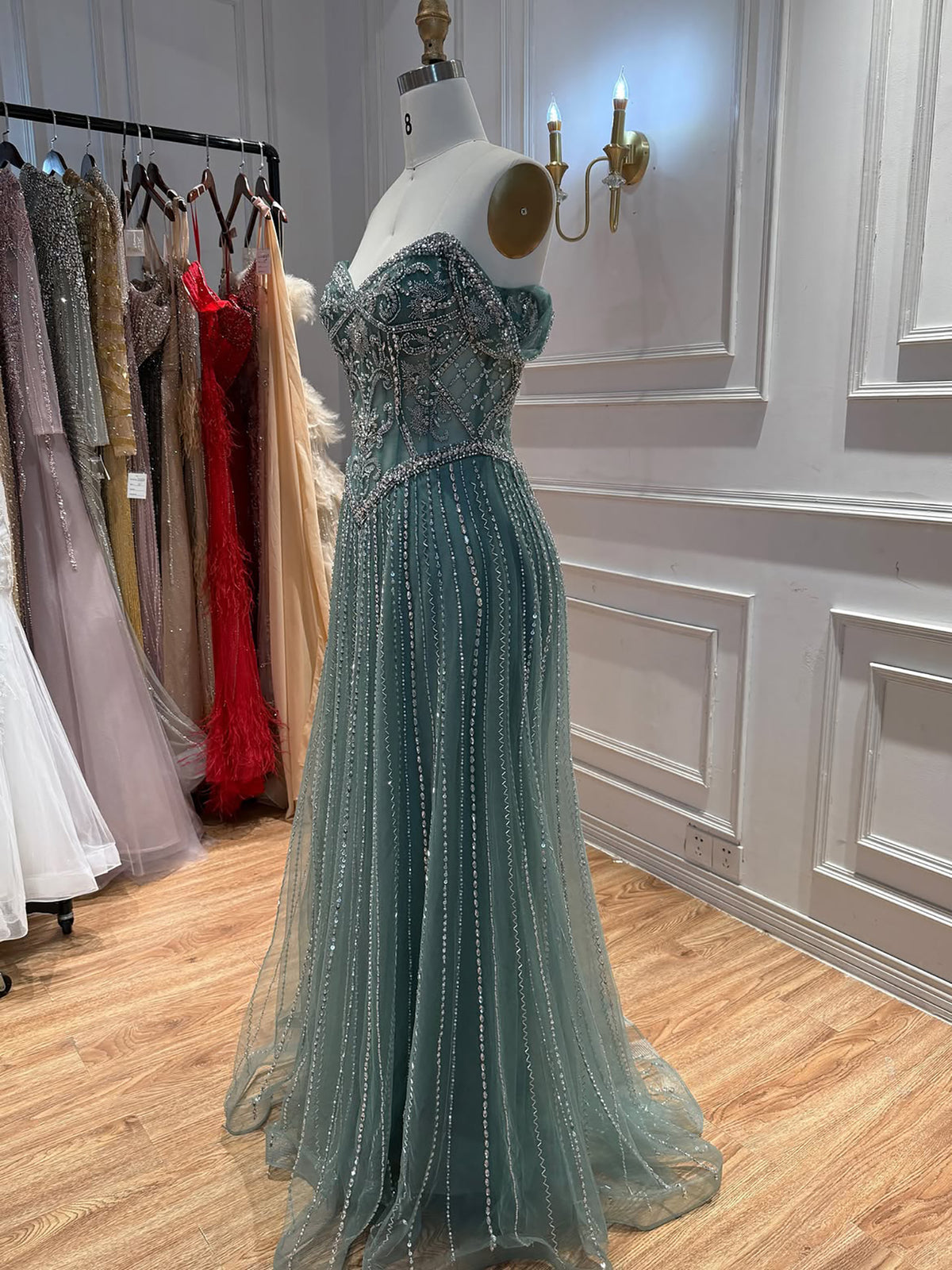 Luxury Caramel Crystal Beaded Off Shoulder A Line Evening Dress LA73951