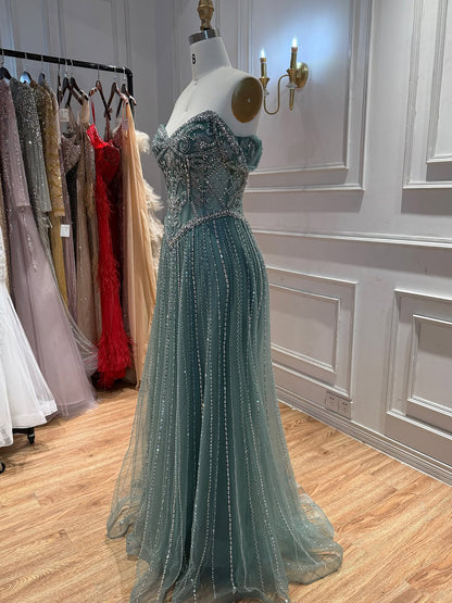 Luxury Caramel Crystal Beaded Off Shoulder A Line Evening Dress LA73951