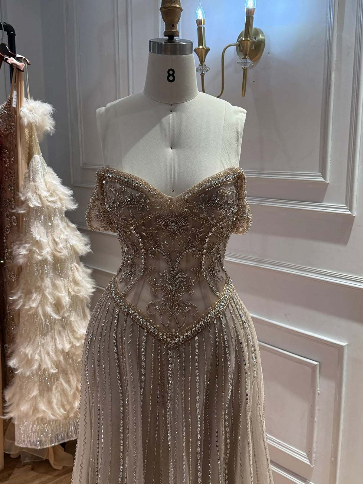 Luxury Caramel Crystal Beaded Off Shoulder A Line Evening Dress LA73951