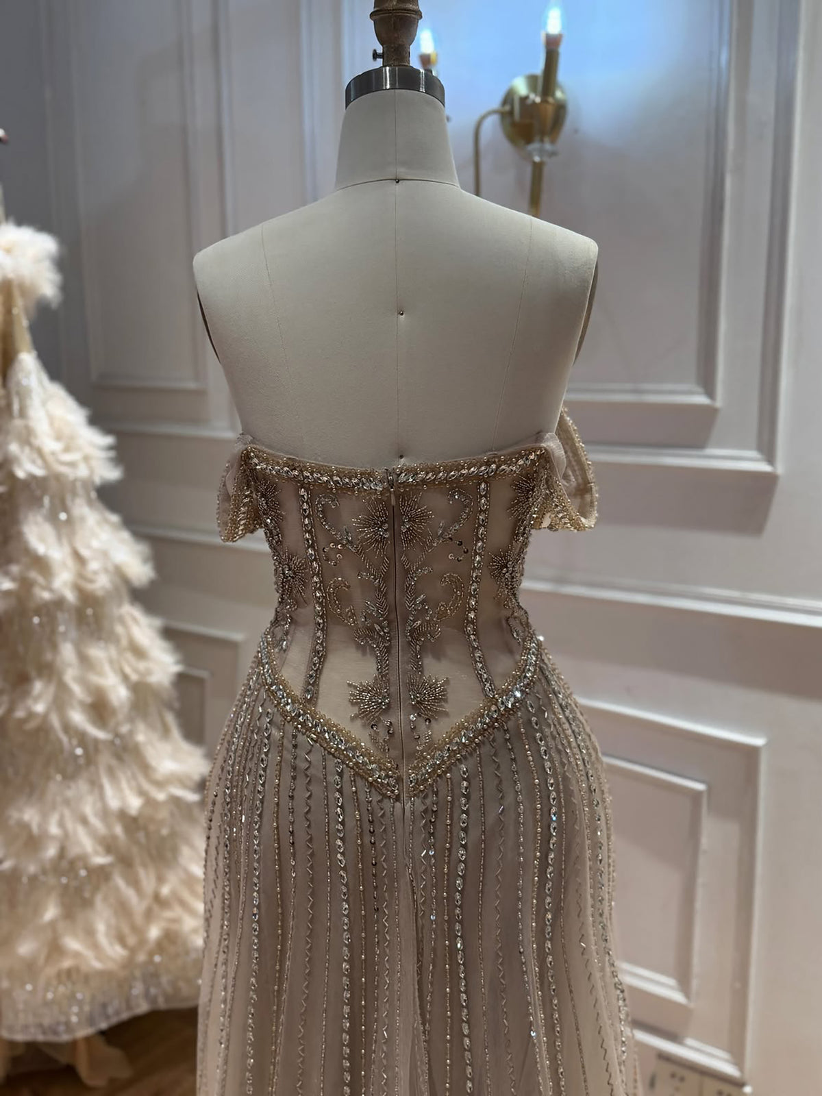 Luxury Caramel Crystal Beaded Off Shoulder A Line Evening Dress LA73951