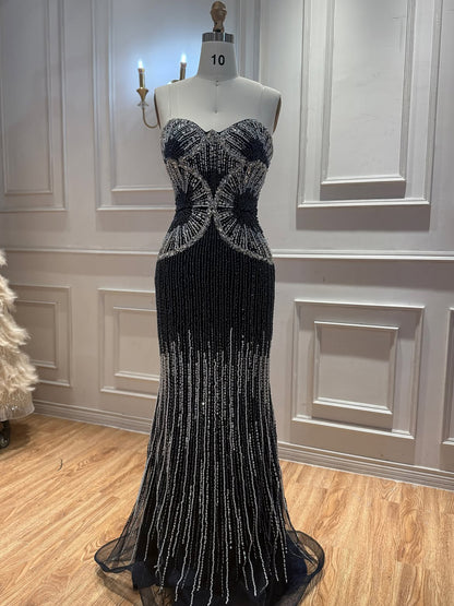 Luxury Black Strapless Beaded Mermaid Evening Dress LA73952