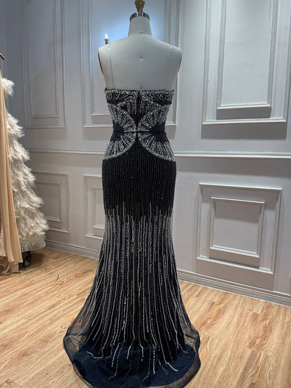 Luxury Black Strapless Beaded Mermaid Evening Dress LA73952