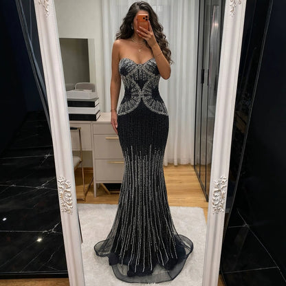 Luxury Black Strapless Beaded Mermaid Evening Dress LA73952