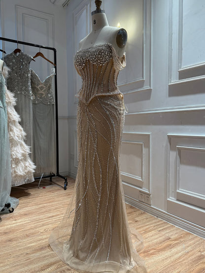 Luxury Nude Crystal Beaded Corset Mermaid Evening Dress LA73954
