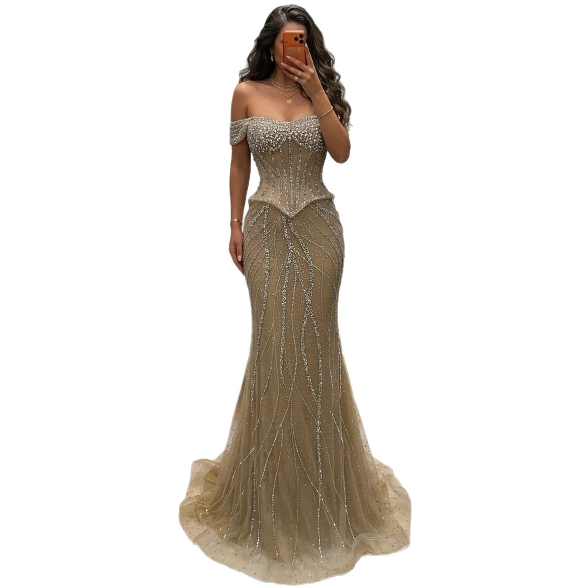 Luxury Nude Crystal Beaded Corset Mermaid Evening Dress LA73954