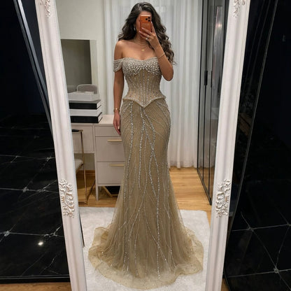 Luxury Nude Crystal Beaded Corset Mermaid Evening Dress LA73954