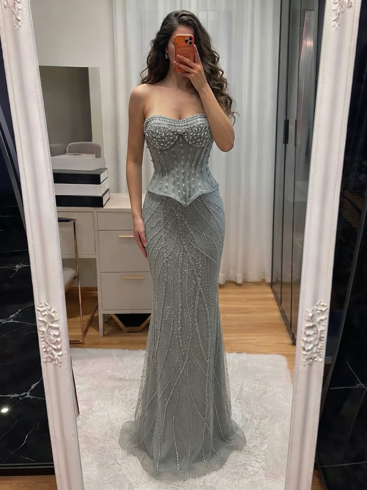 Luxury Nude Crystal Beaded Corset Mermaid Evening Dress LA73954