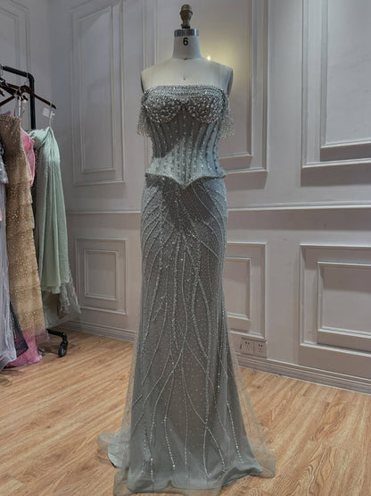 Luxury Nude Crystal Beaded Corset Mermaid Evening Dress LA73954