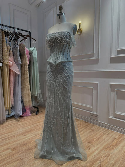 Luxury Nude Crystal Beaded Corset Mermaid Evening Dress LA73954