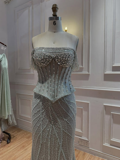 Luxury Nude Crystal Beaded Corset Mermaid Evening Dress LA73954