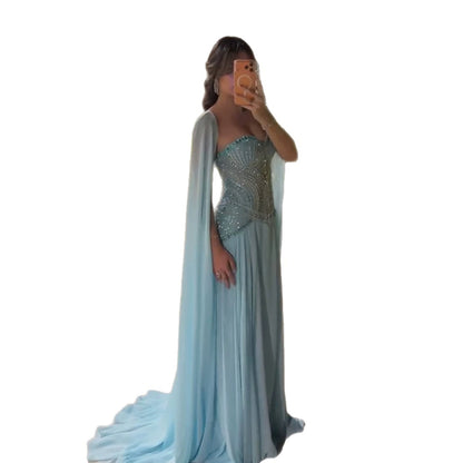 Luxury Blue Beaded A Line Evening Dress with Cape Sleeves LA73957