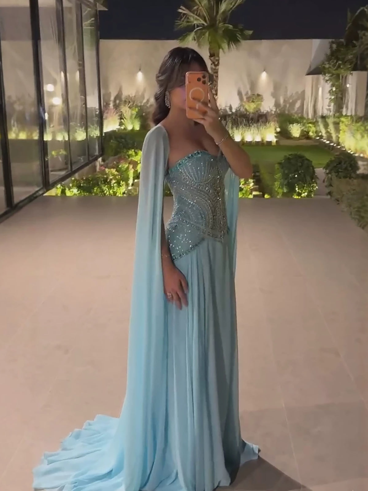 Luxury Blue Beaded A Line Evening Dress with Cape Sleeves LA73957
