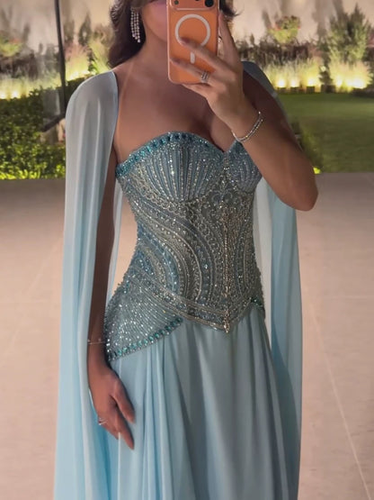 Luxury Blue Beaded A Line Evening Dress with Cape Sleeves LA73957