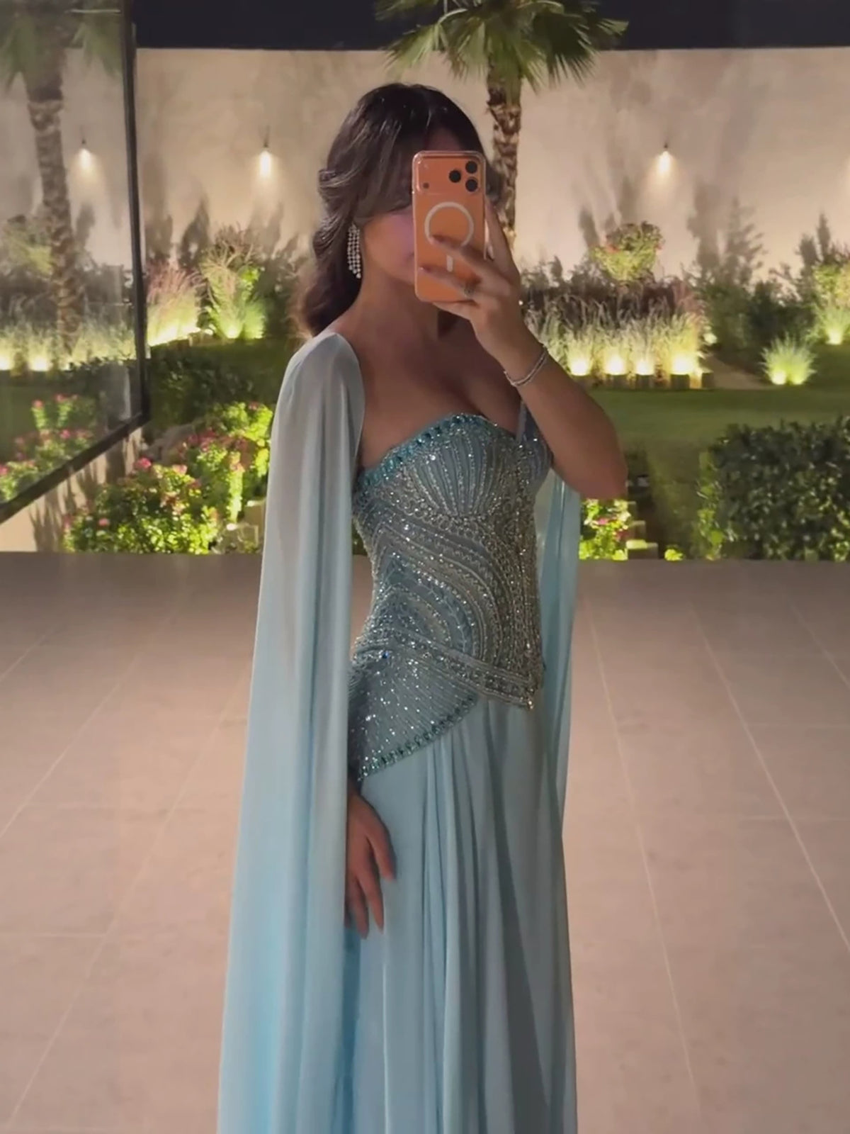 Luxury Blue Beaded A Line Evening Dress with Cape Sleeves LA73957
