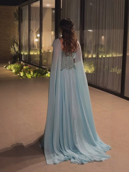 Luxury Blue Beaded A Line Evening Dress with Cape Sleeves LA73957