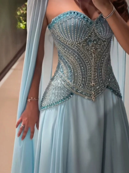 Luxury Blue Beaded A Line Evening Dress with Cape Sleeves LA73957