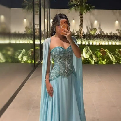 Luxury Blue Beaded A Line Evening Dress with Cape Sleeves LA73957