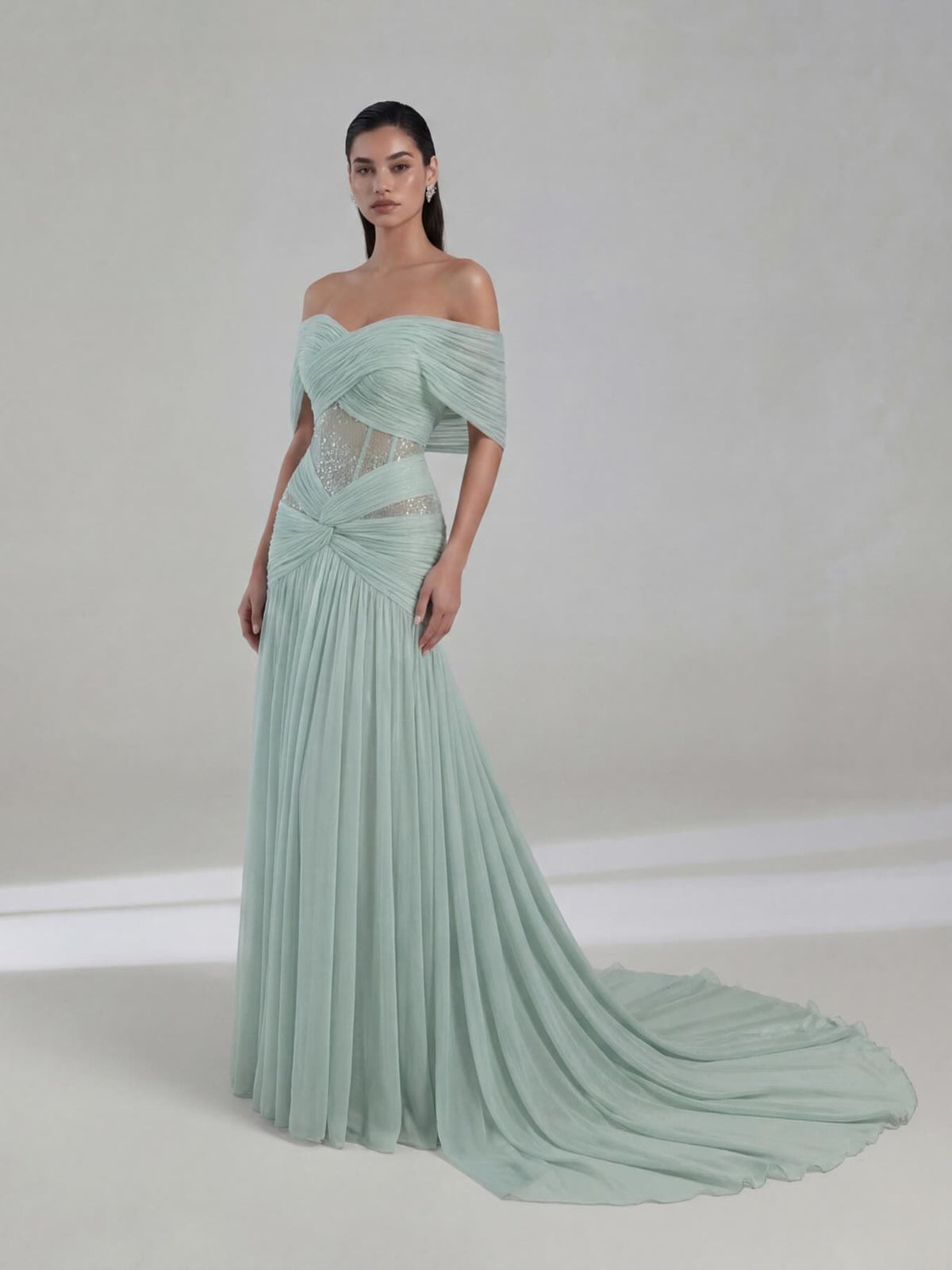 Luxury Sage Green Beaded Off Shoulder Chiffon A Line Dress LA73958