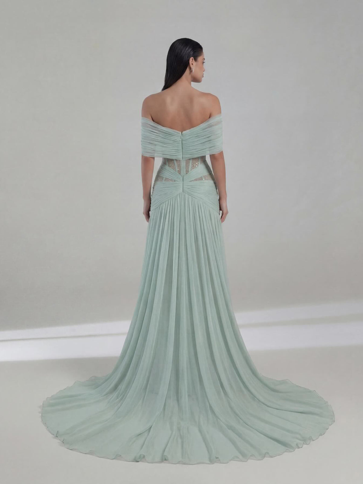 Luxury Sage Green Beaded Off Shoulder Chiffon A Line Dress LA73958
