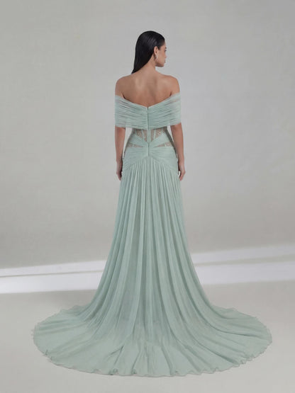 Luxury Sage Green Beaded Off Shoulder Chiffon A Line Dress LA73958