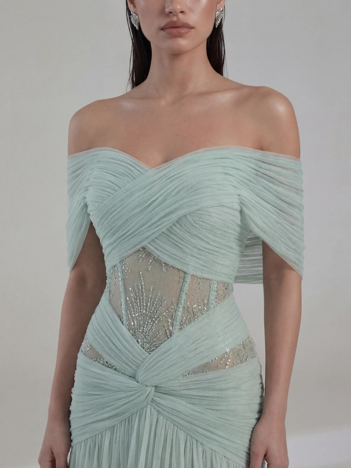 Luxury Sage Green Beaded Off Shoulder Chiffon A Line Dress LA73958