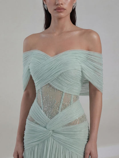 Luxury Sage Green Beaded Off Shoulder Chiffon A Line Dress LA73958