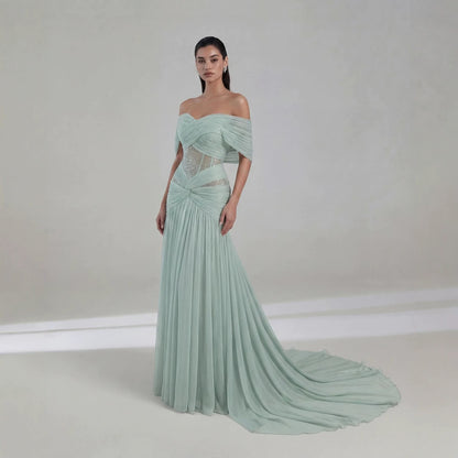 Luxury Sage Green Beaded Off Shoulder Chiffon A Line Dress LA73958