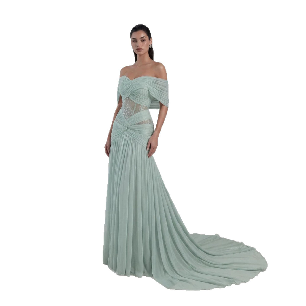 Luxury Sage Green Beaded Off Shoulder Chiffon A Line Dress LA73958
