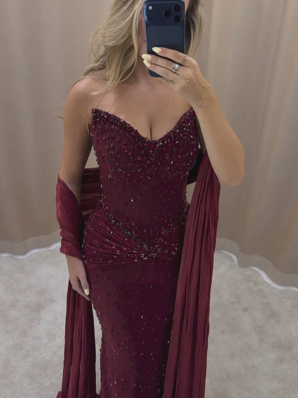 Luxury Wine Red Beaded Mermaid Evening Dress LA73959