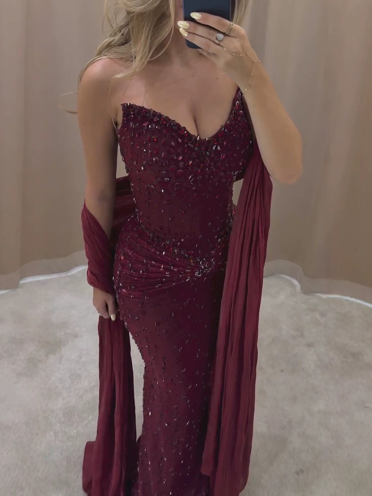 Luxury Wine Red Beaded Mermaid Evening Dress LA73959